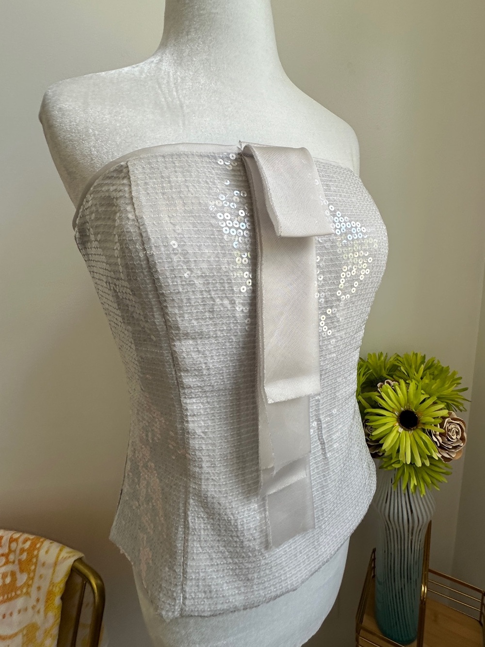 White House Black Market Silver Sequin Strapless Bustier/Corset